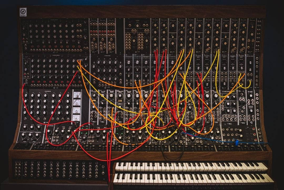 A Moog style synthesizer with lots of patch cables